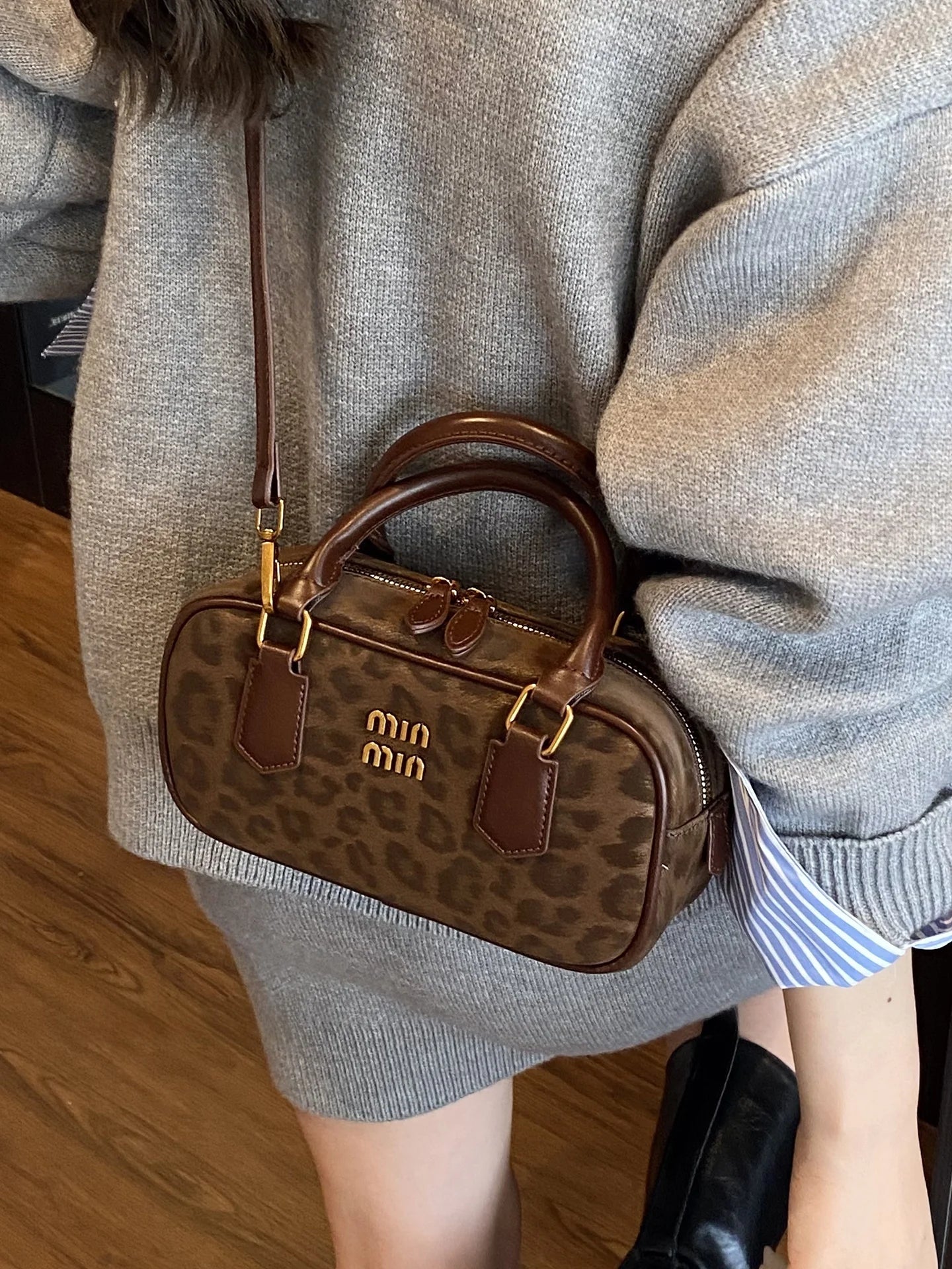 Leopard Bowler Bag With Detachable Crossbody Strap