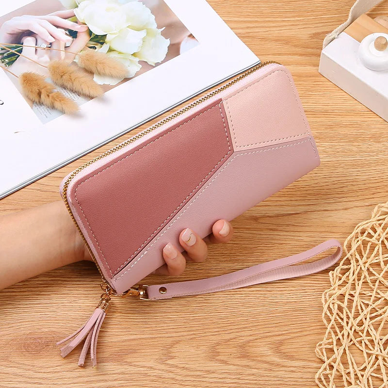 Geometric Patch Zip Wallet With Tassel Strap Wristlet