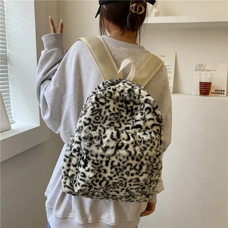 Leopard Print Fluffy Backpack for School Daily Use