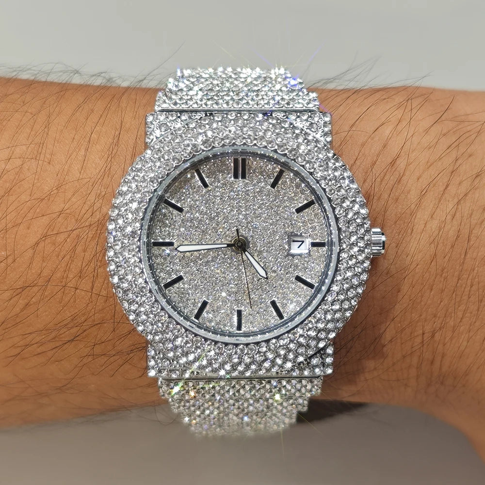 Diamond Paved Stainless Steel Watch with Luminous Dial