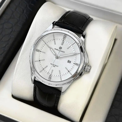 Classic Calendar Leather Strap Wristwatch Silver Case
