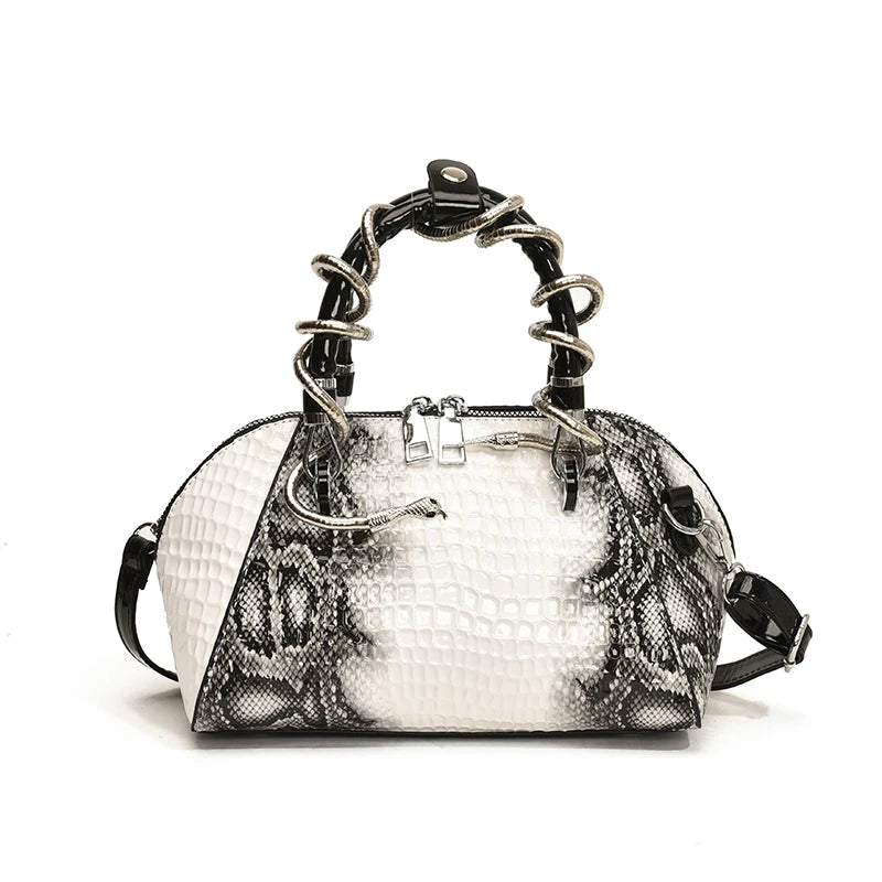 Snake Hardware Crocodile Pattern Top Handle Handbag - White
