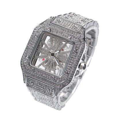 Iced Out Skeleton Square Dial Watch With Diamond Pave