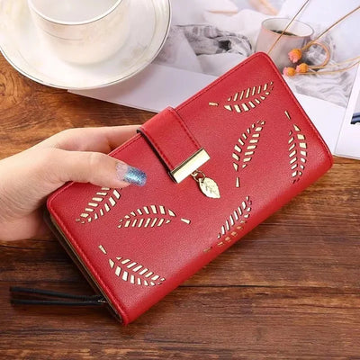 Leaf Motif Zip Wallet with Metallic Clasp and Charm
