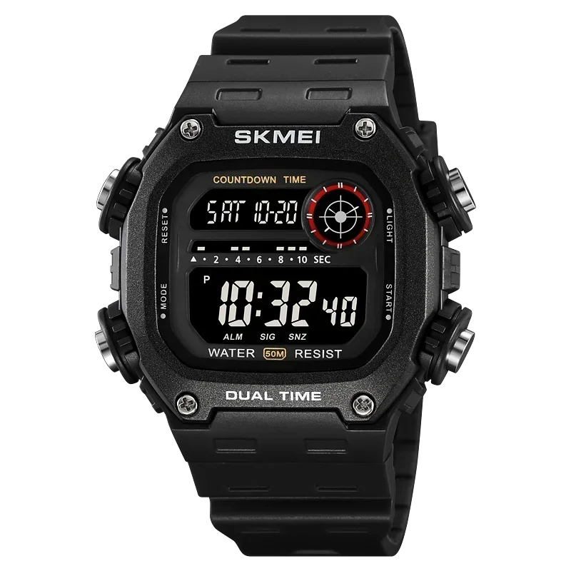 Digital Stopwatch Watch with Dual Time Functionality - Black Black