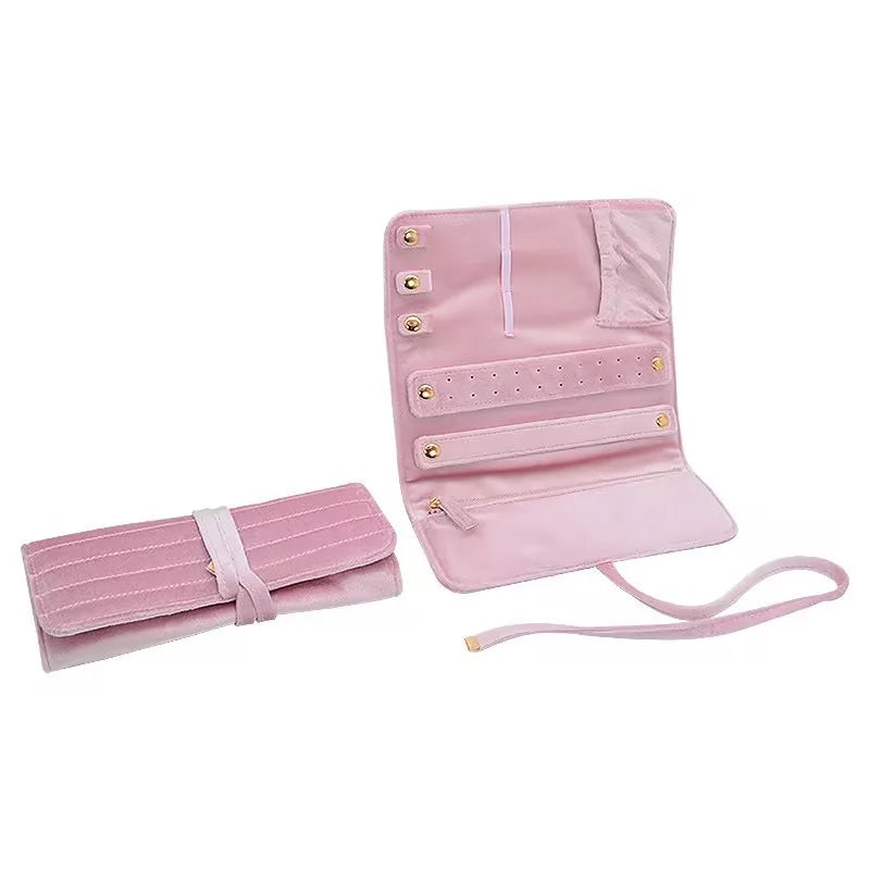Velvet Jewelry Storage Bag with Roll And Display - Pink