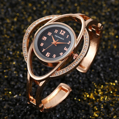 New Womens Gold Metal Wristwatch with Crystal Accents - Rose Black