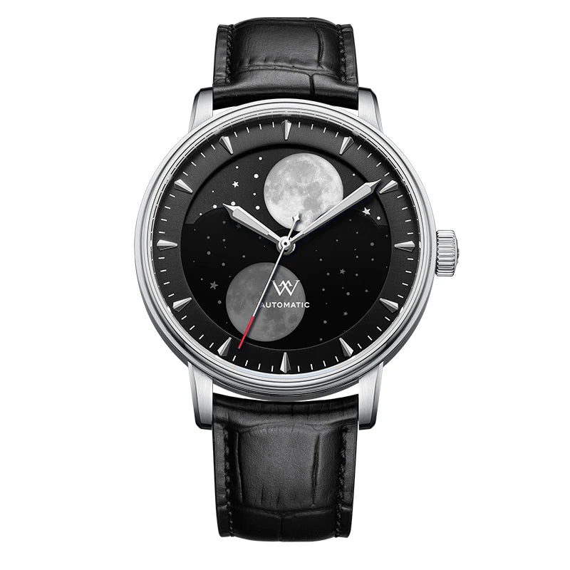 Moon Phase Automatic Mechanical Wristwatch Twin Moons - Black Leather