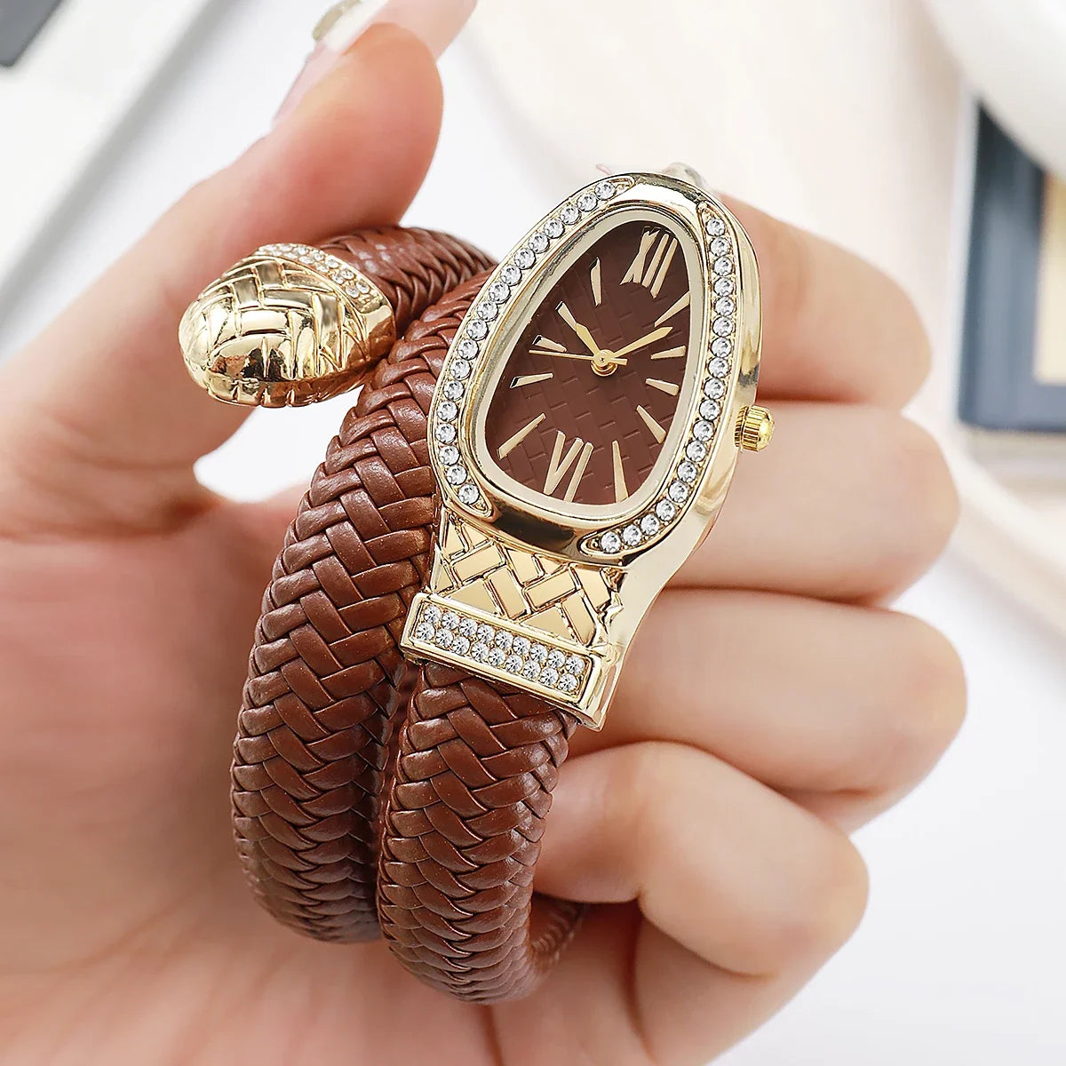 Serpentine Crystal Encrusted Timepiece With Double Wrap