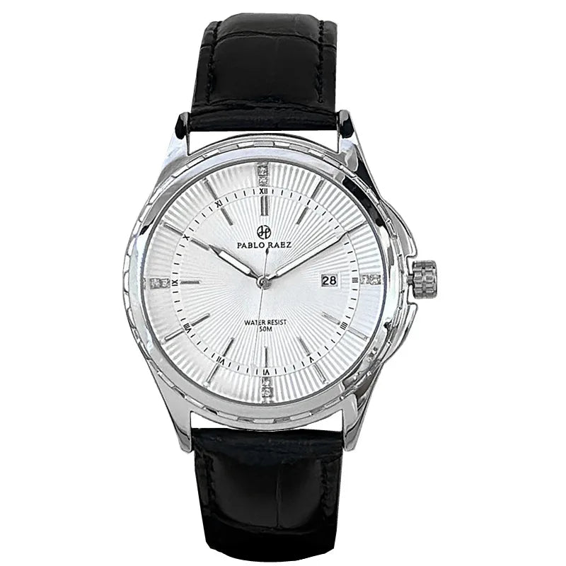 Classic Calendar Leather Strap Wristwatch Silver Case