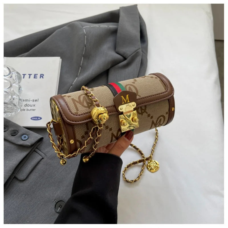 Evening Messenger Handbag with Lock Chain Strap - Khaki