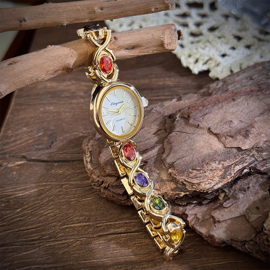 Elegant Round Gem Bracelet Watch Quartz Timepiece