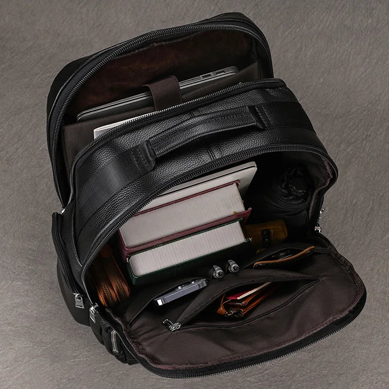 Double Layer Leather Backpack for Men with USB Charging