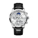 Men Leather Strap Watch Moon Phase Chronograph - Silver White