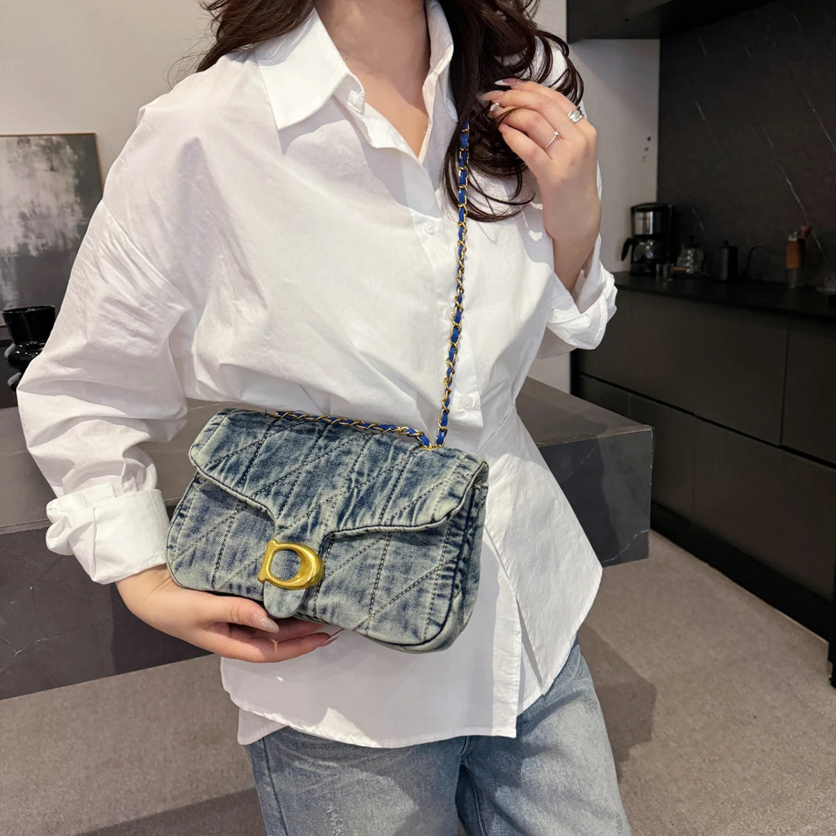 Quilted Shoulder Bag with Chain Strap Clasp Detail