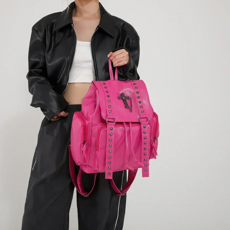 Gothic Punk Studded Backpack with Cross Emblem