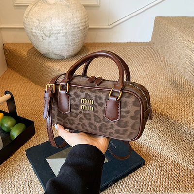 Leopard Bowler Bag With Gold Hardware And Top Handles