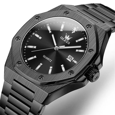 Stainless Steel Quartz Wristwatch with Date Display - Black