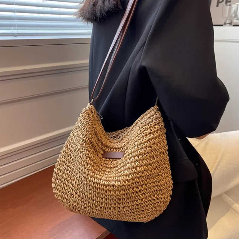 Summer Straw Crossbody Bag with Leather Strap