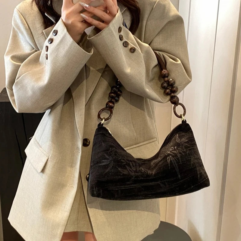 Cotton Canvas Tote Bag with Wooden Bead Handle