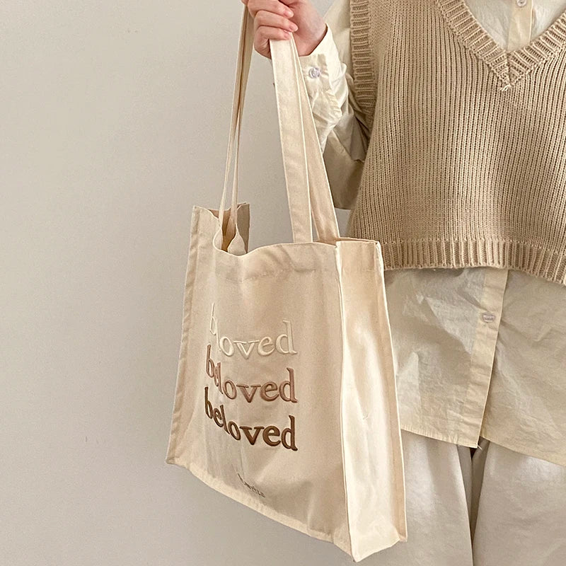 Embroidered Tote Bag for Daily Use with Beloved Motif