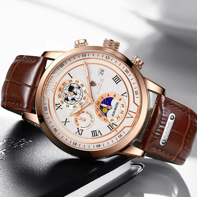 Moon Phase Chronograph Watch with Roman Numeral Dial