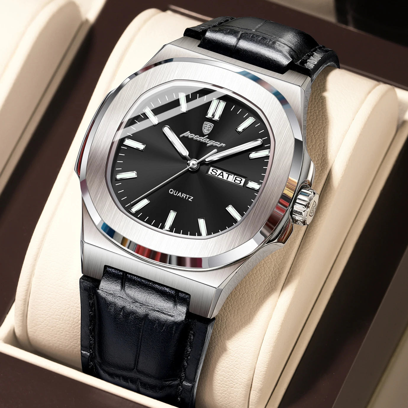Watch Square Case Leather Strap with Date Window