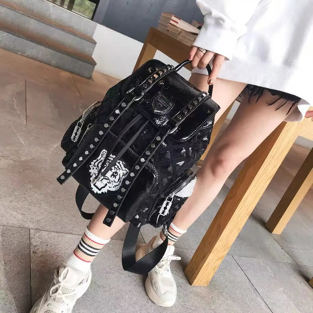 Backpack with Studded Straps and Polished Detailing - WO2MEN