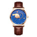 Men Leather Strap Watch Moon Phase Chronograph - Rose Gold Blue