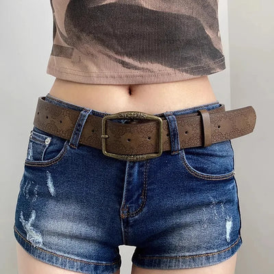 Floral Embossed Belt with Ornate Buckle Detail