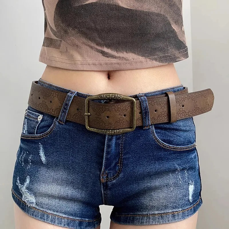 Floral Embossed Belt with Ornate Buckle Detail