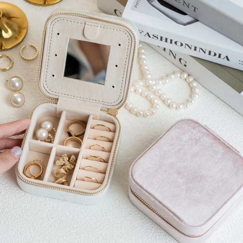 Velvet Double Layer Jewelry Box with Mirror Travel Case