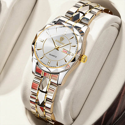 Watch With Diamond Markers And Faceted Bezel Details - WO2MEN