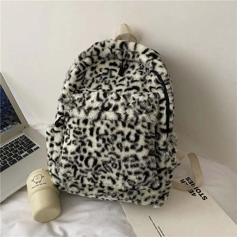 Leopard Print Fluffy Backpack for School Daily Use