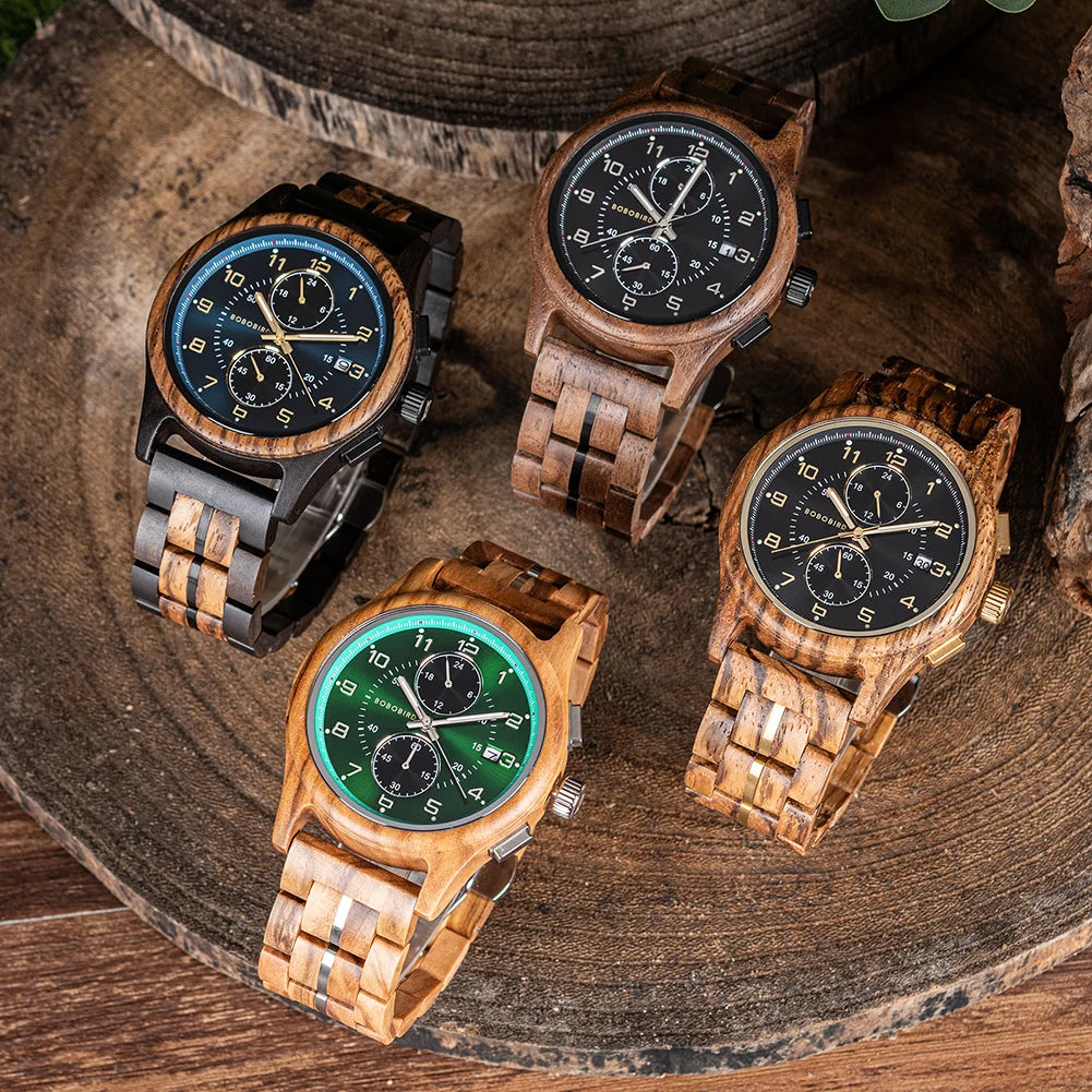 Wooden Chronograph Watch for Men Luminous Hands
