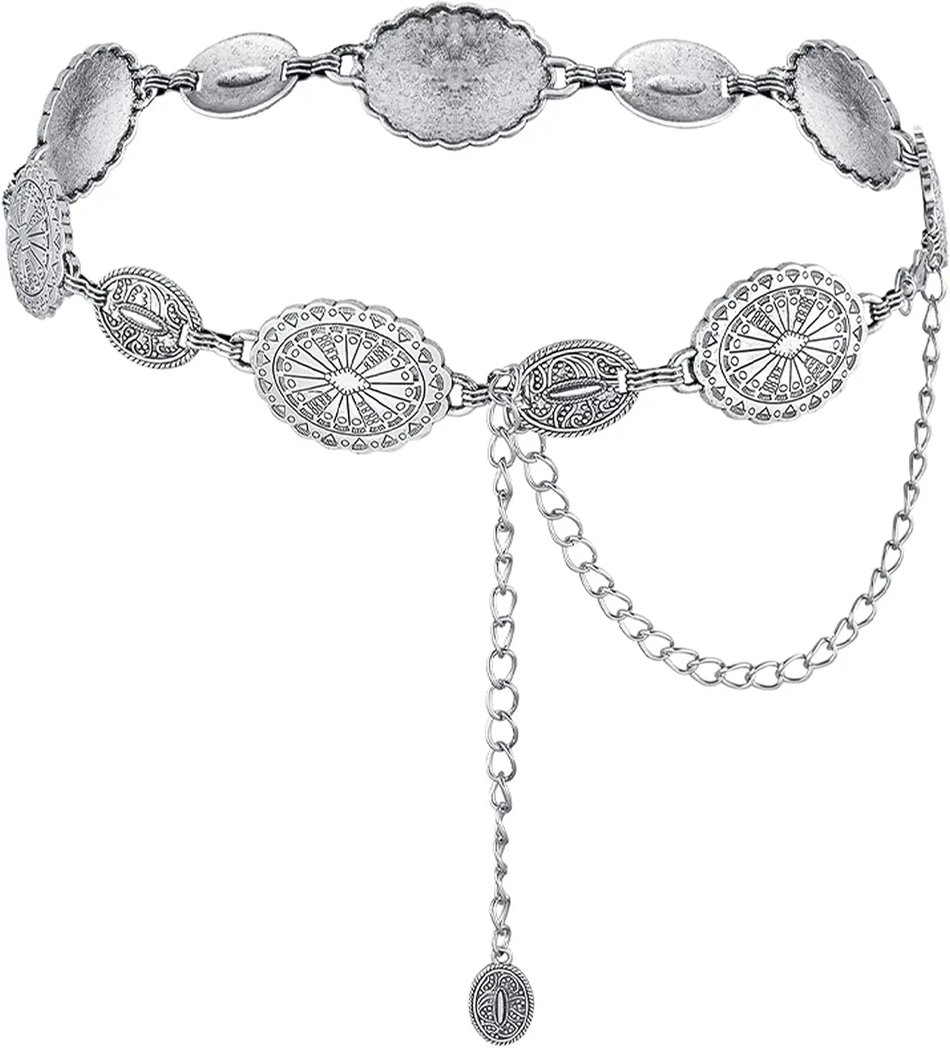 Waist Chain Belt with Concho Medallions Adjustable - Silver