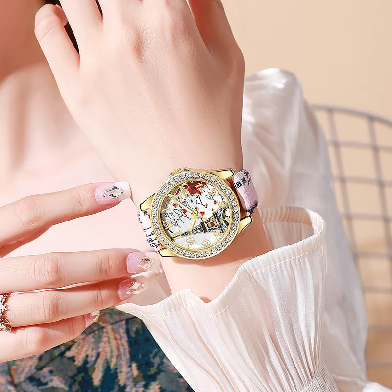 Eiffel Tower Dial Watch With Crystal Bezel Fashion