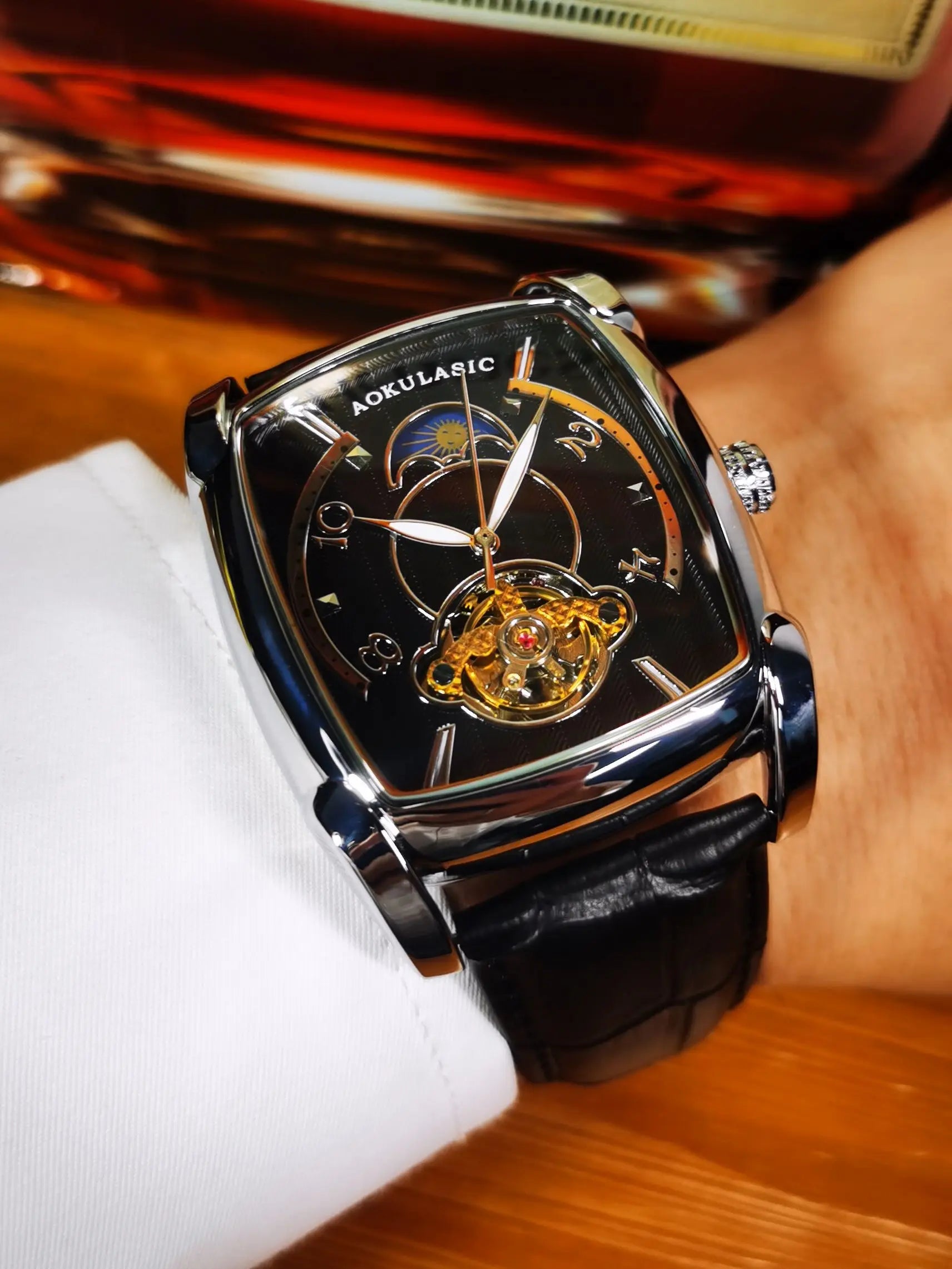 Tonneau Moon Phase Mechanical Tourbillon Skeleton Watch