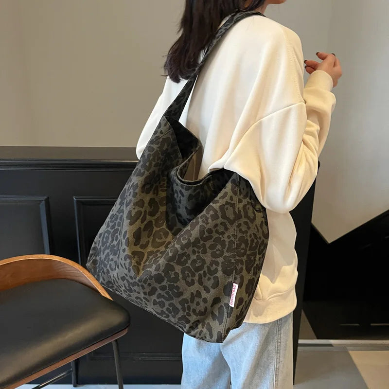 Leopard Pattern Shoulder Bag Vintage Large Tote Two Handles