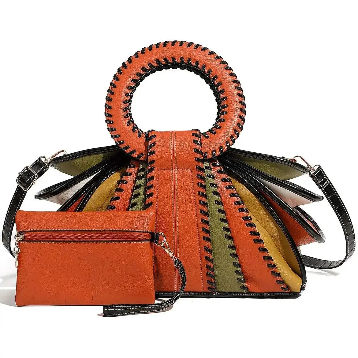 Leather Handbag with Circular Ring Handle Premium - Orange