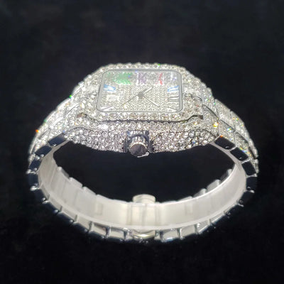 Diamond Paved Square Watch with Roman Numerals