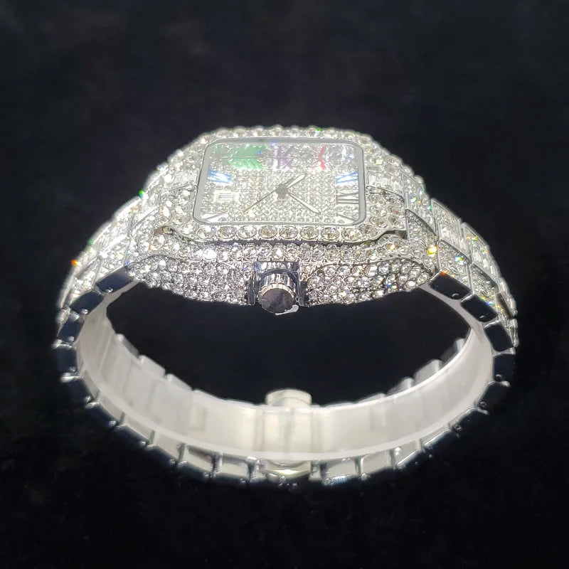 Diamond Paved Square Watch with Roman Numerals