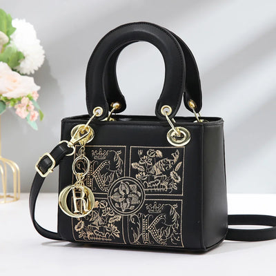 Embroidered Satchel With Gold Hardware Charm Detail