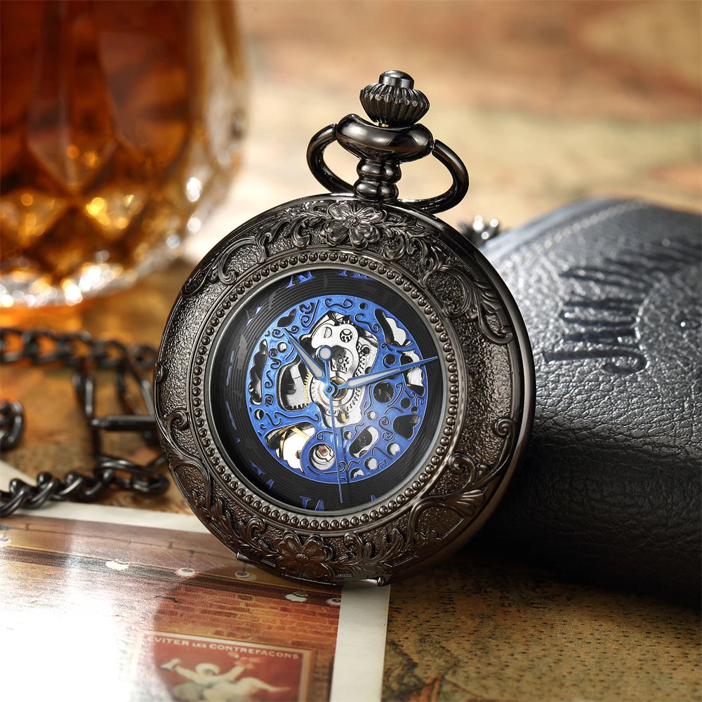 Lux Retro Skeleton Pocket Watch with Chain Exquisite