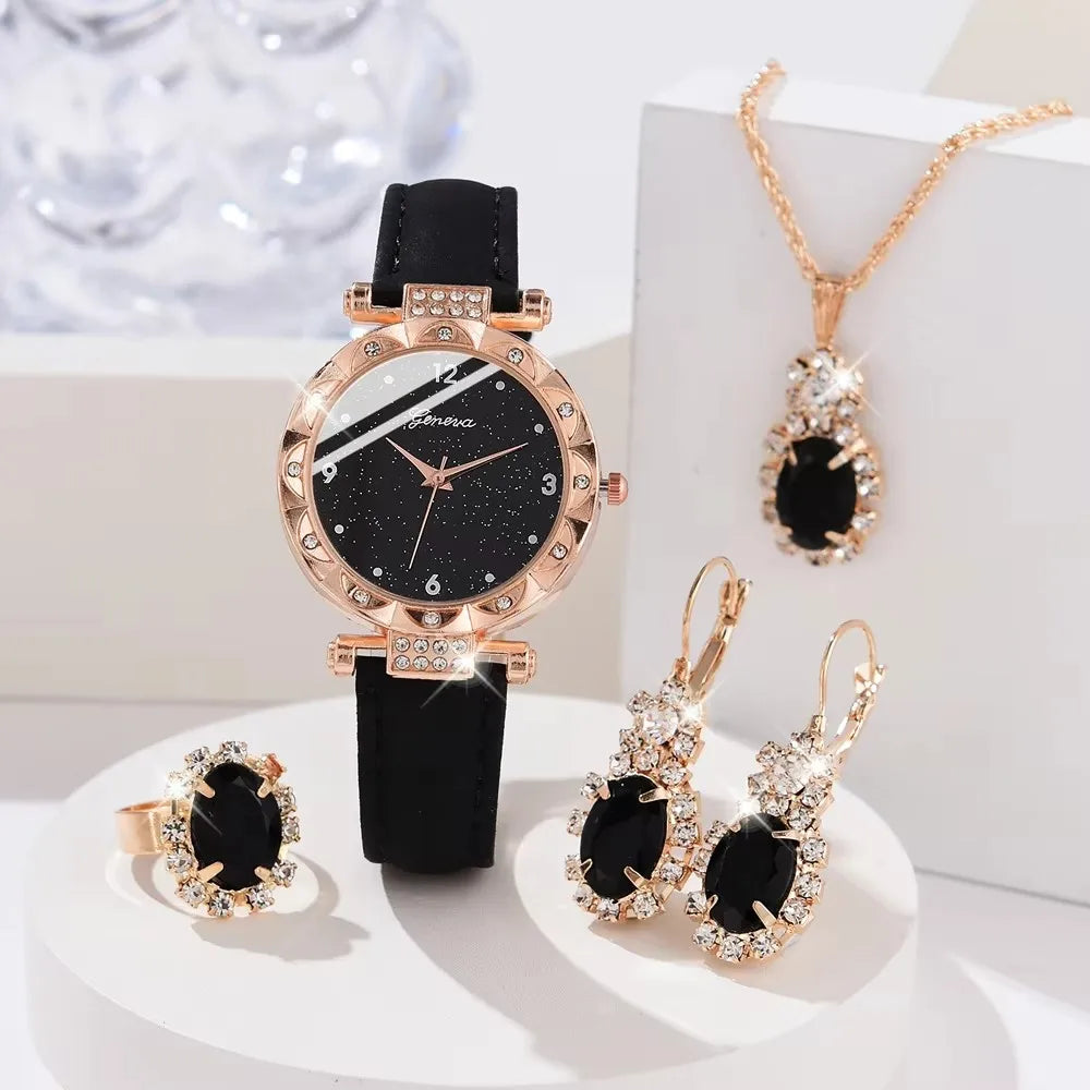 Wristwatch with Rhinestone Bezel Leather Strap