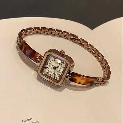 Vintage Square Dial Quartz Watch with Amber Bracelet