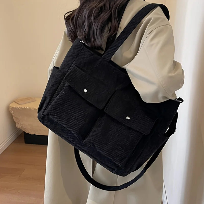 Large Capacity Corduroy Tote Bag with Front Pockets