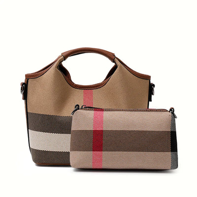 Plaid Canvas Tote With Top Handle And Removable Strap