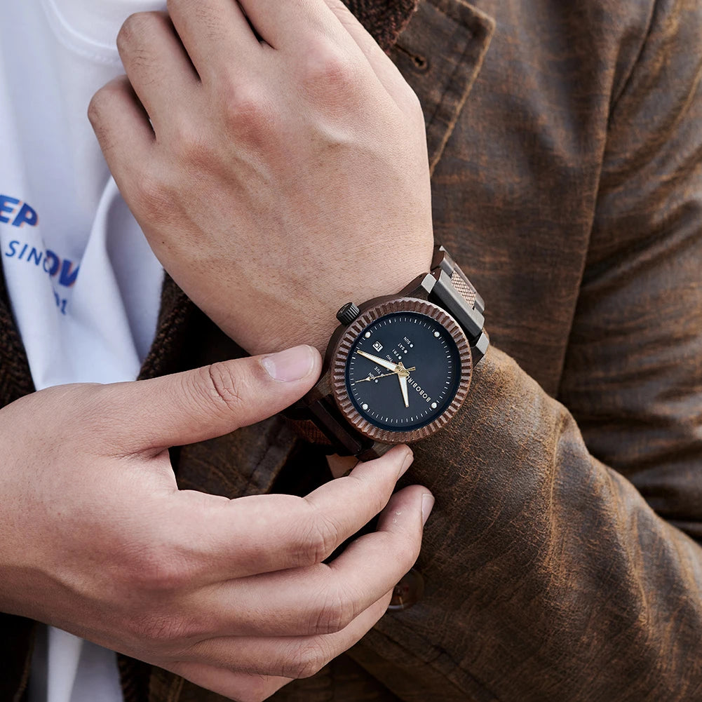 Wooden Wristwatch With Week Display And Date Calendar