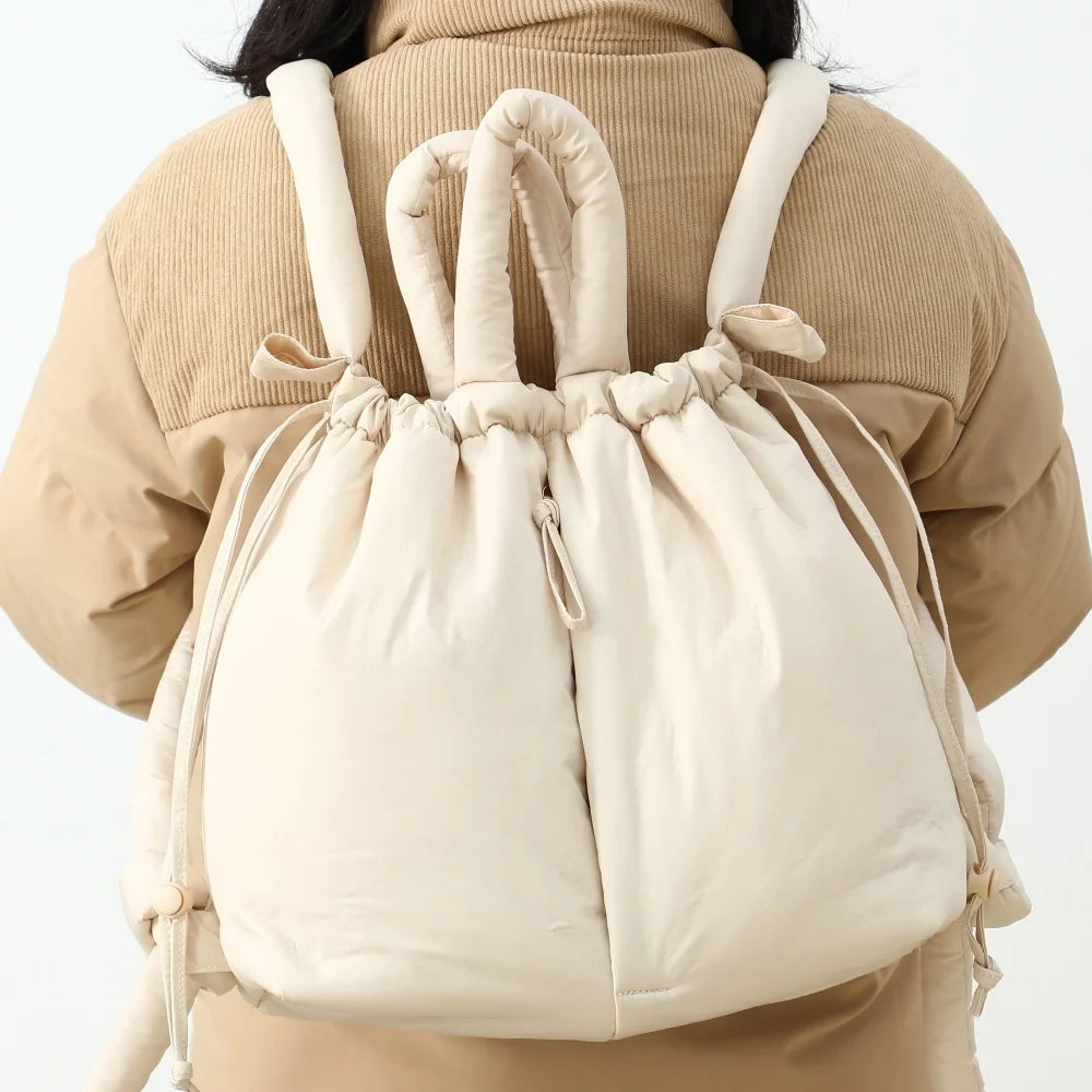 Puffer Backpack with Top Handle Drawstring Closure - Beige